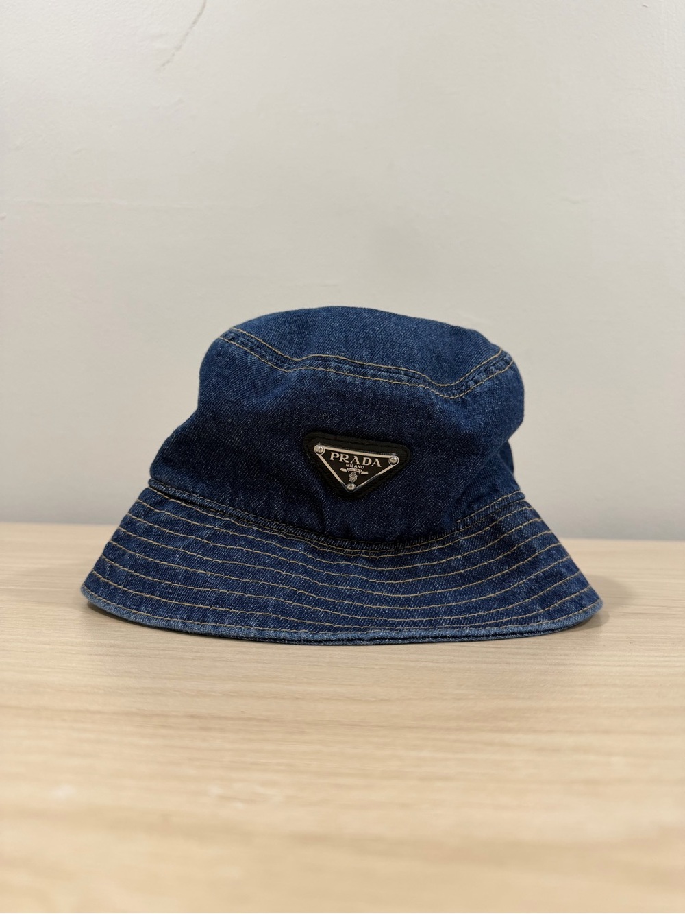 Prada Denim Bucket Hat - Dark Blue with Black Logo Medium